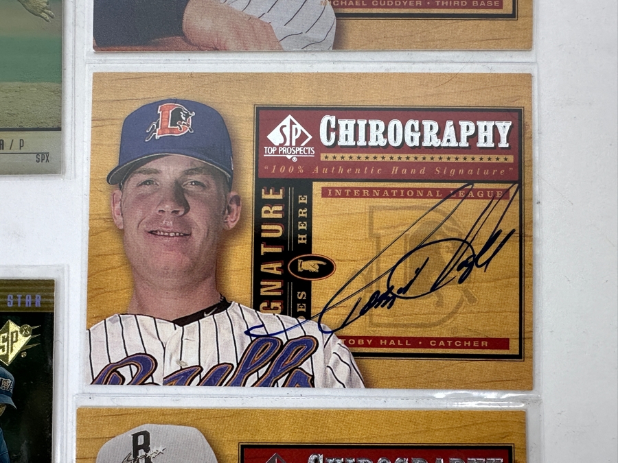 (7) Signed Baseball Cards: Eric Munson 2000 UD Star Rookie, Leo Estrella 2000 SPx Rookie, Michael Cuddyer 2001 SP Top Prospects, Toby Hall 2001 SP Top Prospects, Mike Lamb 2000 SPx Rookie, Mike Lamb 2000 SPx Rookie, Aaron McNeal 2001 SP Top Prospects [Photo 7]
