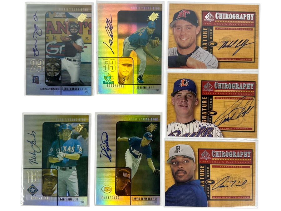 (7) Signed Baseball Cards: Eric Munson 2000 UD Star Rookie, Leo Estrella 2000 SPx Rookie, Michael Cuddyer 2001 SP Top Prospects, Toby Hall 2001 SP Top Prospects, Mike Lamb 2000 SPx Rookie, Mike Lamb 2000 SPx Rookie, Aaron McNeal 2001 SP Top Prospects