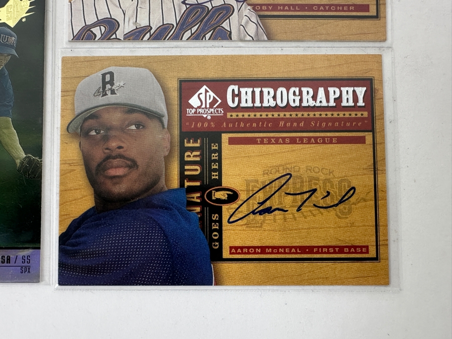 (7) Signed Baseball Cards: Eric Munson 2000 UD Star Rookie, Leo Estrella 2000 SPx Rookie, Michael Cuddyer 2001 SP Top Prospects, Toby Hall 2001 SP Top Prospects, Mike Lamb 2000 SPx Rookie, Mike Lamb 2000 SPx Rookie, Aaron McNeal 2001 SP Top Prospects [Photo 8]