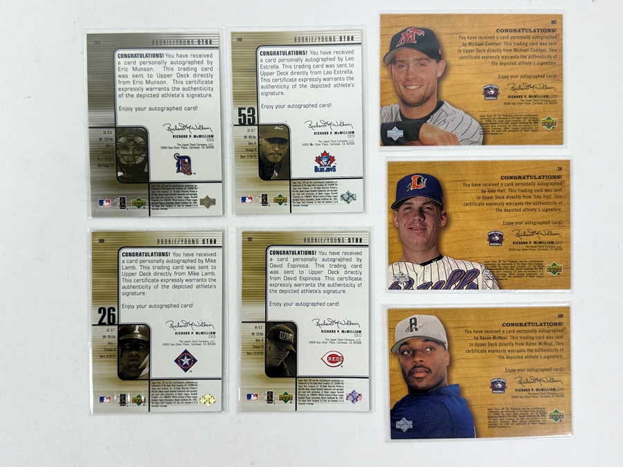 (7) Signed Baseball Cards: Eric Munson 2000 UD Star Rookie, Leo Estrella 2000 SPx Rookie, Michael Cuddyer 2001 SP Top Prospects, Toby Hall 2001 SP Top Prospects, Mike Lamb 2000 SPx Rookie, Mike Lamb 2000 SPx Rookie, Aaron McNeal 2001 SP Top Prospects [Photo 9]
