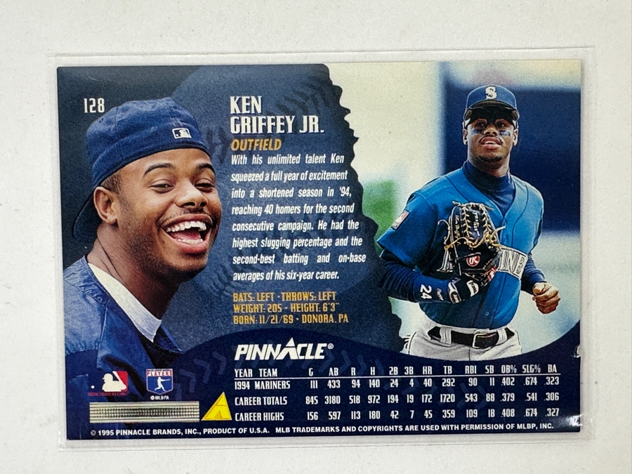 1995 Pinnacle #128 Ken Griffey Jr. Baseball Card Aka 'Blowing Bubble' Card [Photo 2]