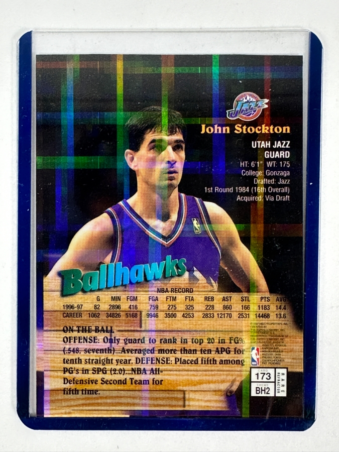 1997 Topps Finest Refractor #173 John Stockton Ballhawks Basketball Card [Photo 2]