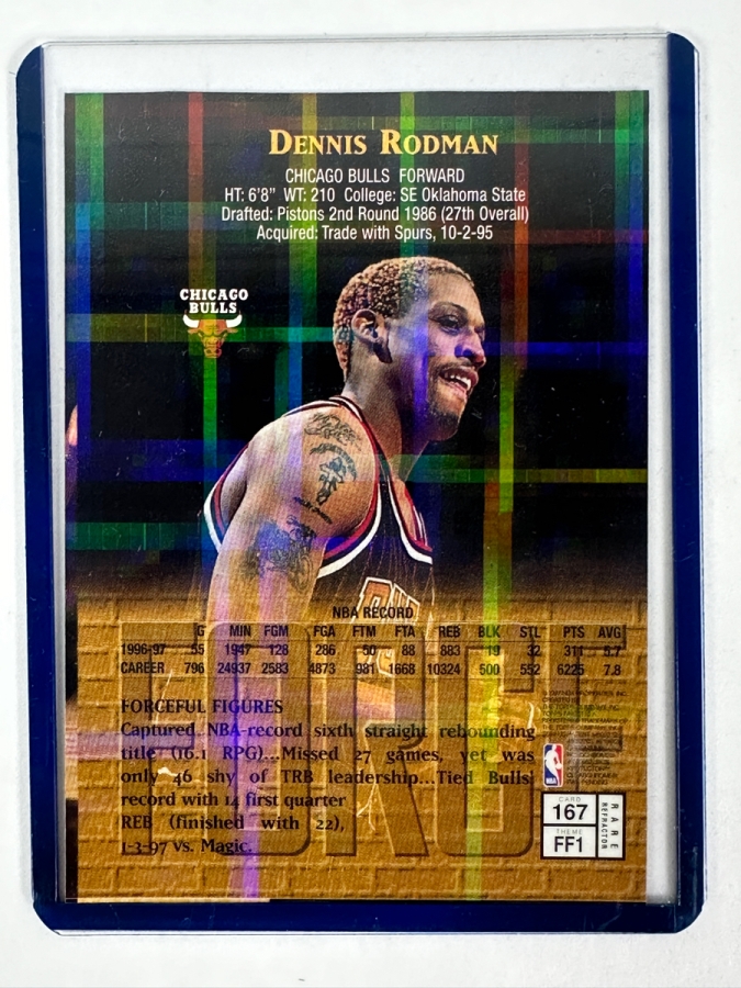 1997-1998 Topps Finest Embossed Refractors #167 Dennis Rodman Basketball Card [Photo 2]