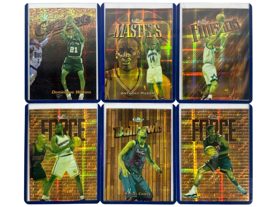 1993-94 Topps Finest Basketball Refractor Cards Featuring Dominique Wilkins, Anthony Mason, Anfernee Hardaway, Joe Smith, Marcus Camby, and Antonio McDyess