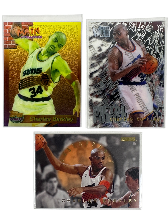 Set of (3) Charles Barkley Basketball Cards Including 1993-94 Topps Finest 'Main Attraction', 1995-96 Fleer Metal 'Metal Force' Card and 1995-96 SkyBox Premium 'Unstoppable' Card
