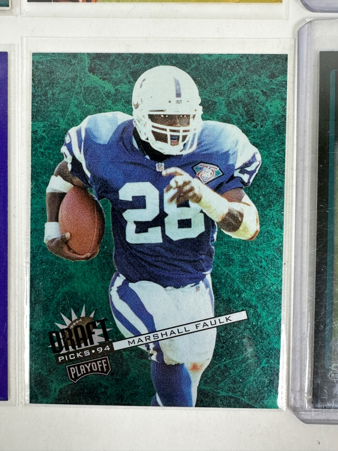 (8) Rookie Football Cards: Edgerrin James 1999 Fleer Mystique Rookie Card, (2) Fred Taylor Cards, Marshall Faulk 1994 Playoff 'Draft Picks' Rookie Card, Freddie Mitchell 2001 Fleer 'Gems' Rookie Card, Josh Heupel 2001 Topps Chrome Rookie Card [Photo 6]