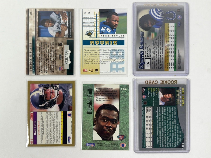 (8) Rookie Football Cards: Edgerrin James 1999 Fleer Mystique Rookie Card, (2) Fred Taylor Cards, Marshall Faulk 1994 Playoff 'Draft Picks' Rookie Card, Freddie Mitchell 2001 Fleer 'Gems' Rookie Card, Josh Heupel 2001 Topps Chrome Rookie Card [Photo 8]
