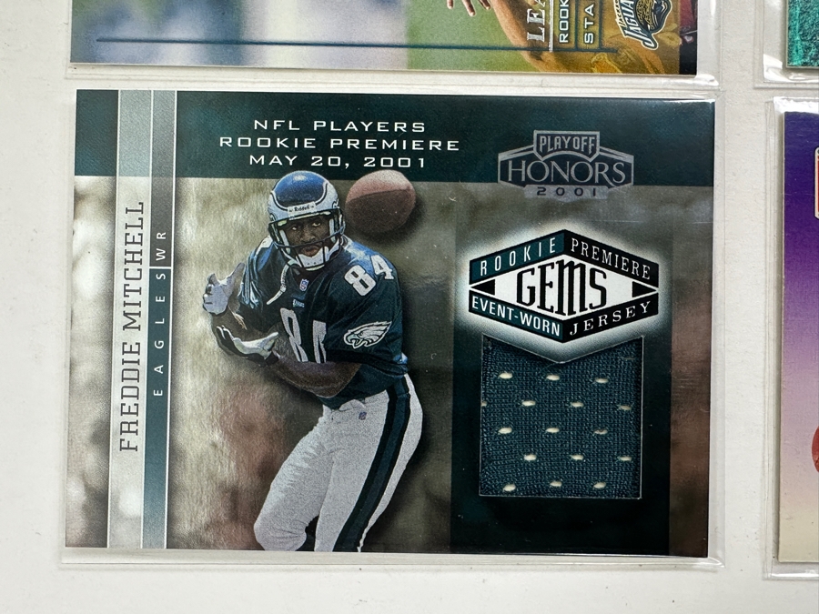 (8) Rookie Football Cards: Edgerrin James 1999 Fleer Mystique Rookie Card, (2) Fred Taylor Cards, Marshall Faulk 1994 Playoff 'Draft Picks' Rookie Card, Freddie Mitchell 2001 Fleer 'Gems' Rookie Card, Josh Heupel 2001 Topps Chrome Rookie Card [Photo 2]