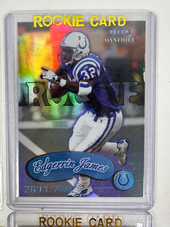 (8) Rookie Football Cards: Edgerrin James 1999 Fleer Mystique Rookie Card, (2) Fred Taylor Cards, Marshall Faulk 1994 Playoff 'Draft Picks' Rookie Card, Freddie Mitchell 2001 Fleer 'Gems' Rookie Card, Josh Heupel 2001 Topps Chrome Rookie Card [Photo 4]