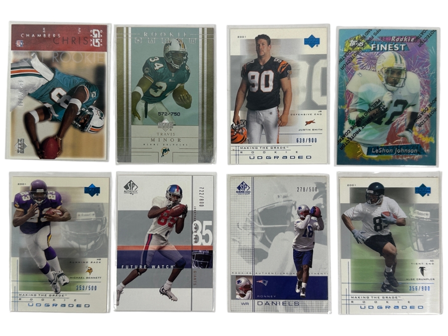 (8) Rookie Football Cards: Edgerrin James 1999 Fleer Mystique Rookie Card, (2) Fred Taylor Cards, Marshall Faulk 1994 Playoff 'Draft Picks' Rookie Card, Freddie Mitchell 2001 Fleer 'Gems' Rookie Card, Josh Heupel 2001 Topps Chrome Rookie Card