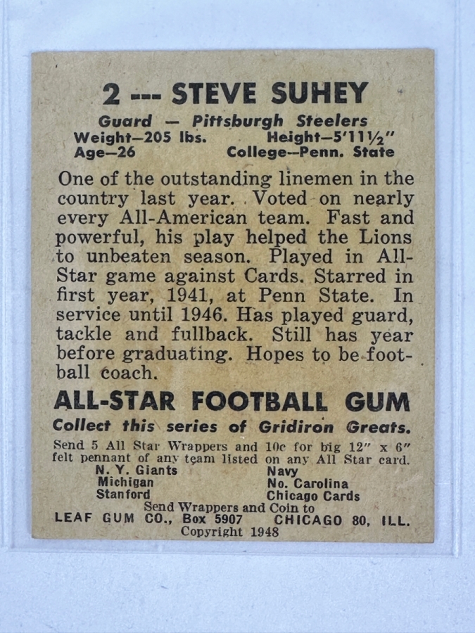 1948 Leaf Football #2 Steve Suhey Card [Photo 2]