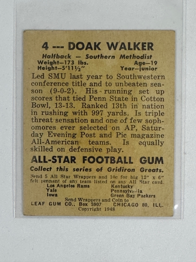 1948 Leaf Football #4 Doak Walker Card [Photo 2]