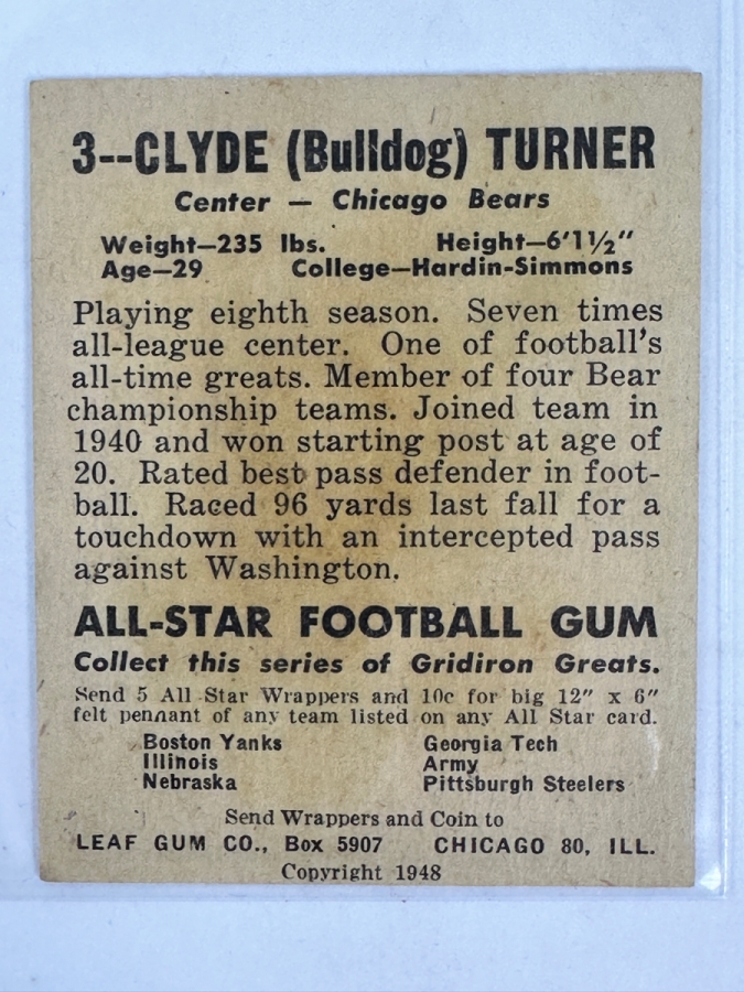 1949 Leaf Football #150 Clyde 'Bulldog' Turner Card [Photo 2]