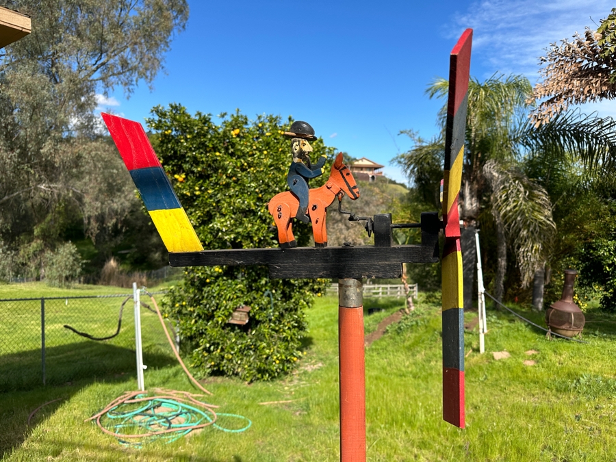 Vintage Handmade Wooden Whirligig With Man Riding Donkey 24'W x 50.5'H [Photo 3]