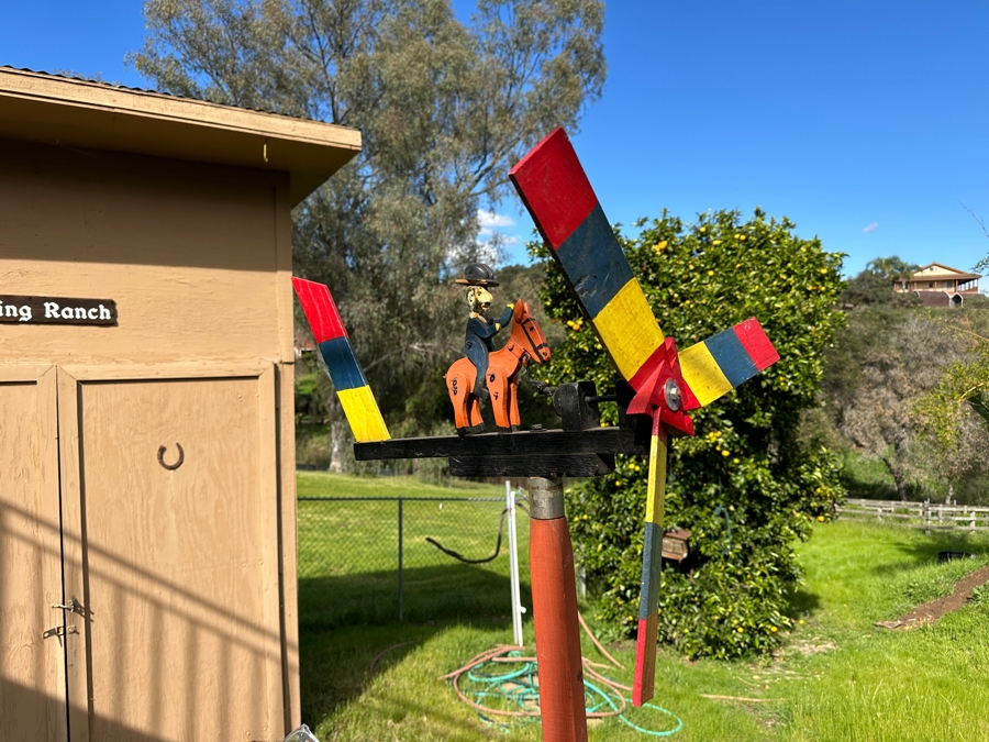 Vintage Handmade Wooden Whirligig With Man Riding Donkey 24'W x 50.5'H [Photo 4]