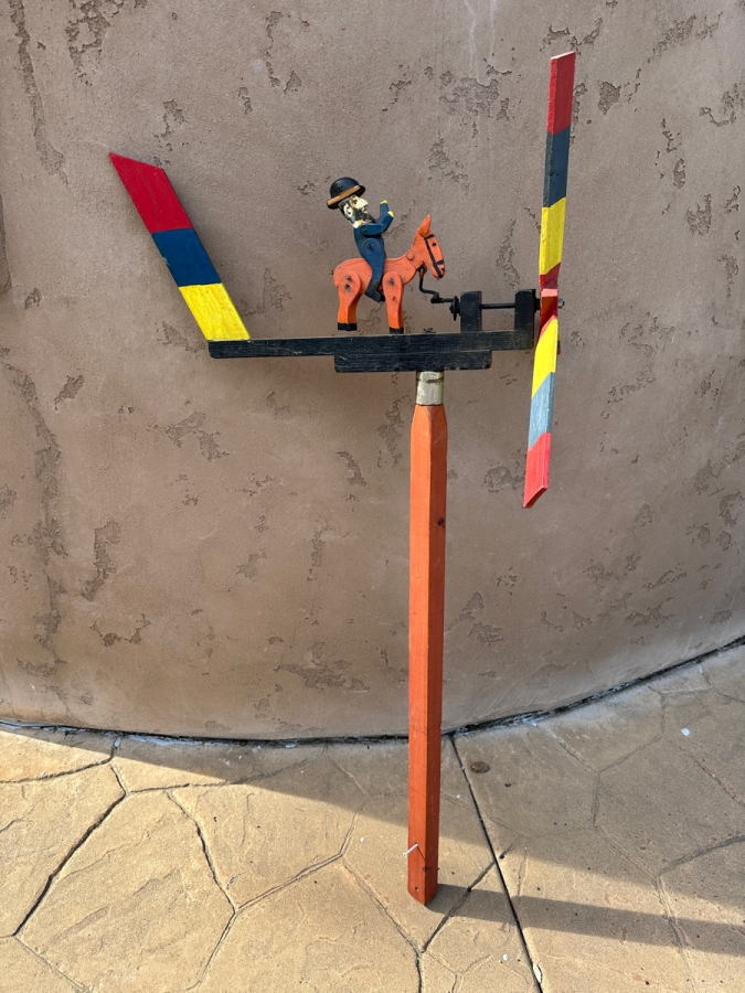 Vintage Handmade Wooden Whirligig With Man Riding Donkey 24'W x 50.5'H