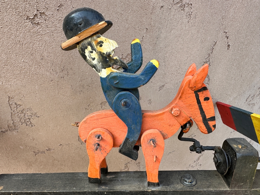 Vintage Handmade Wooden Whirligig With Man Riding Donkey 24'W x 50.5'H [Photo 7]