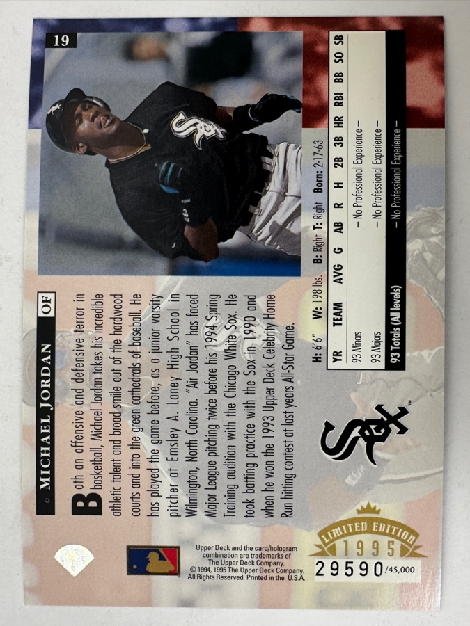 1994 Limited Edition Upper Deck #19 Michael Jordan Baseball 'Star Rookies' Card
 [Photo 2]