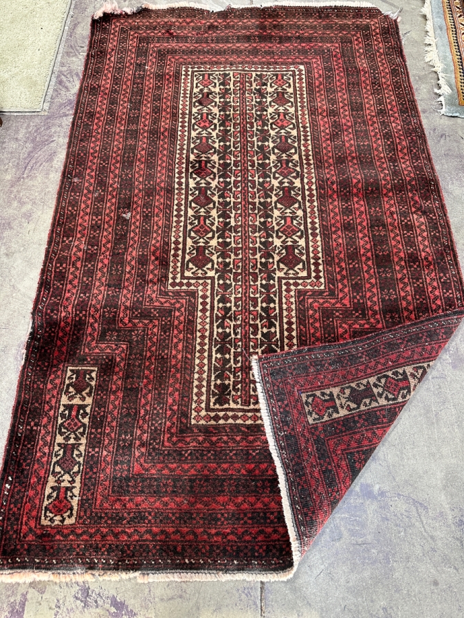 Vintage Handmade Wool Afghan Baluchi Prayer Rug With Damage On Far End - See Photos 37' x 62'
 [Photo 3]
