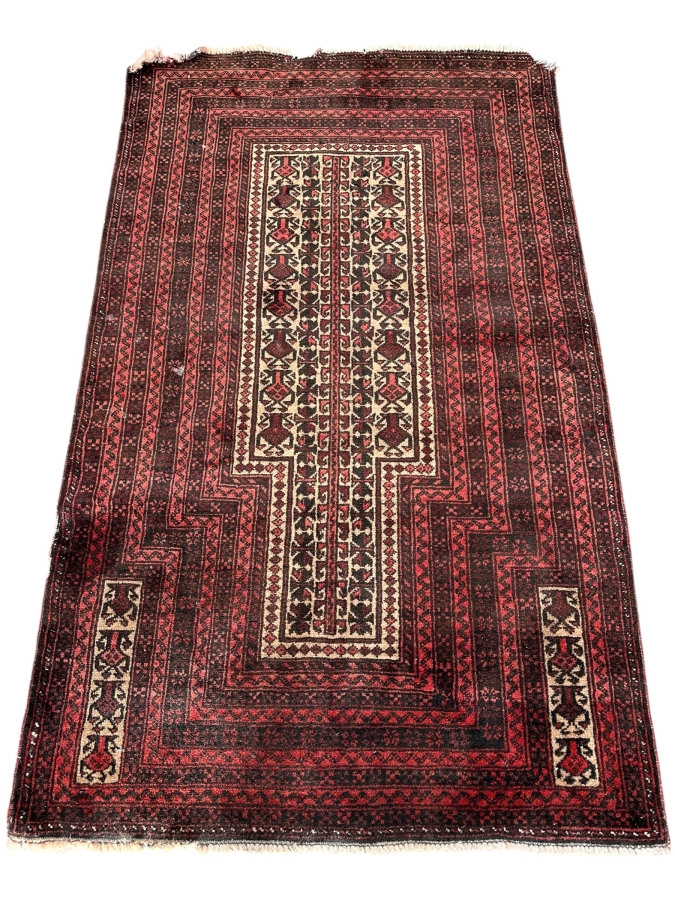 Vintage Handmade Wool Afghan Baluchi Prayer Rug With Damage On Far End - See Photos 37' x 62'
