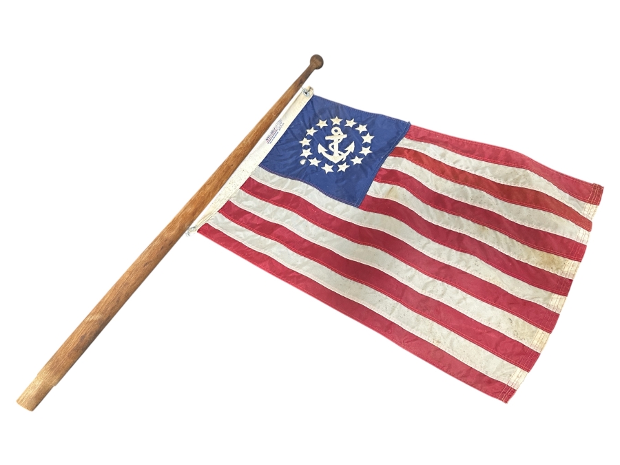 Vintage American NYL-GLO Yacht Ensign Flag 25'W x 16.5'H - Wooden Pole: 35.5'L