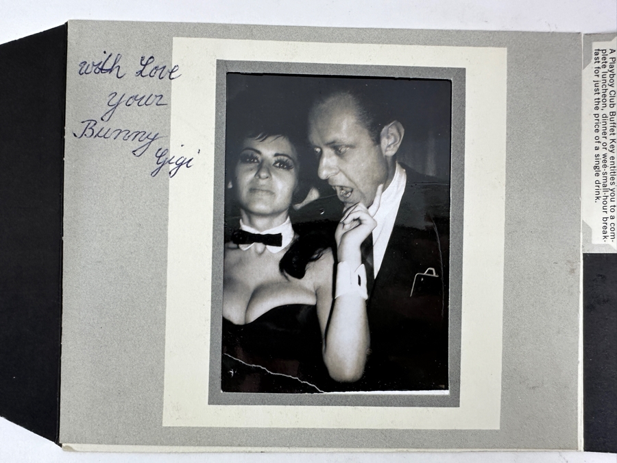Vintage Hand Signed Playboy Bunny Gigi Photograph With Playboy Club Foldout Postcard Featuring Young Hugh Hefner [Photo 2]