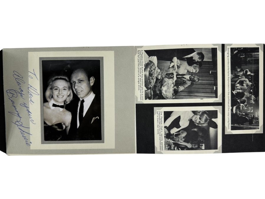 Vintage Hand Signed Playboy Bunny Sherrie Photograph With Playboy Club Foldout Postcard Featuring Young Hugh Hefner