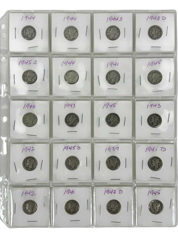 (20) Silver Winged Liberty Head Mercury Dimes Collection From 1937-1945 - See Photos For Details [Photo 2]