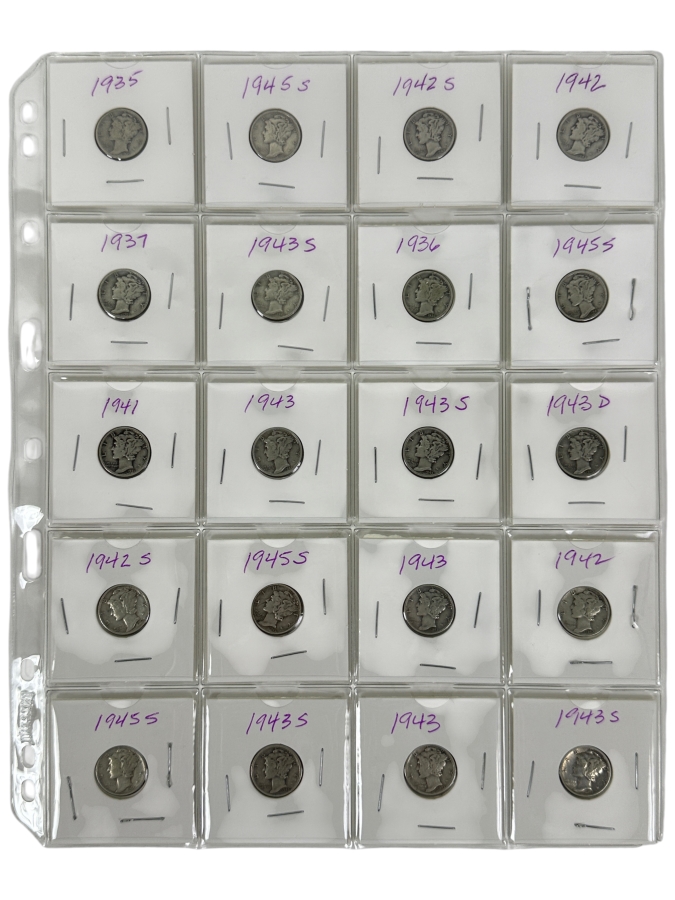 (20) Silver Winged Liberty Head Mercury Dimes Collection From 1935-1945 - See Photos For Details
