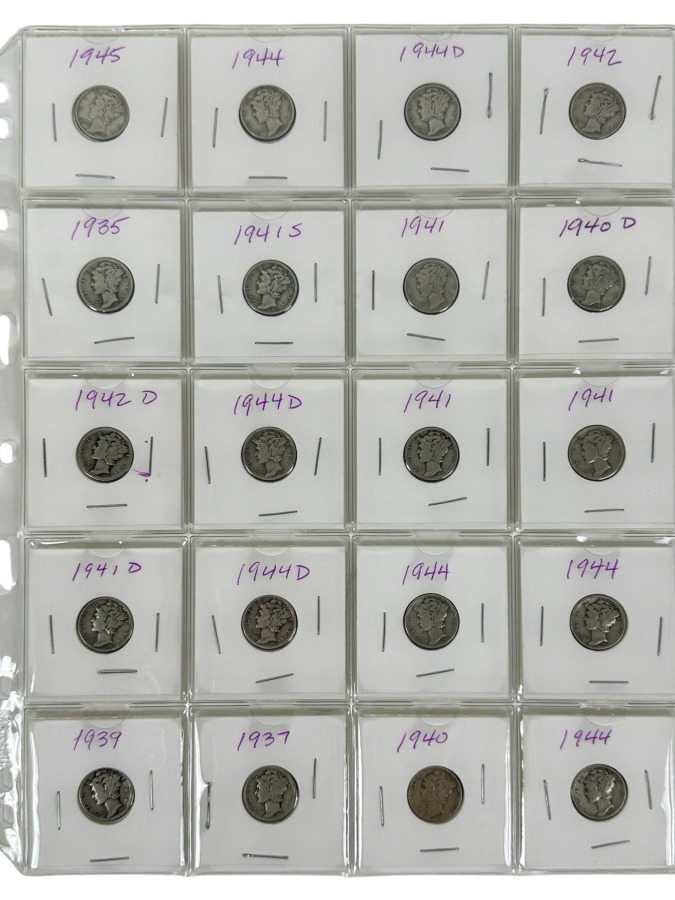 (20) Silver Winged Liberty Head Mercury Dimes Collection From 1937-1945 - See Photos For Details