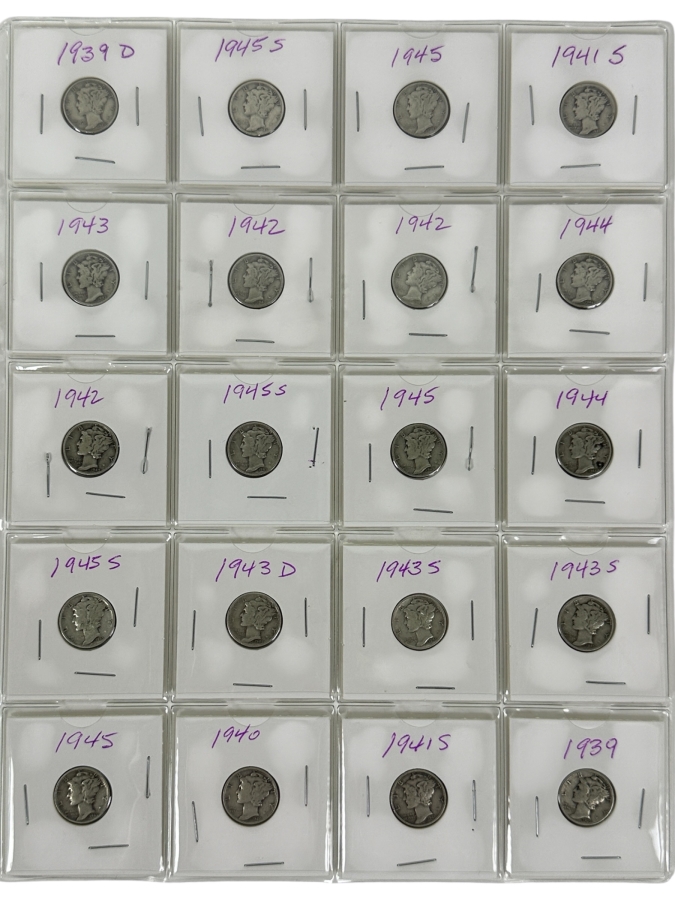 (20) Silver Winged Liberty Head Mercury Dimes Collection From 1939-1945 - See Photos For Details