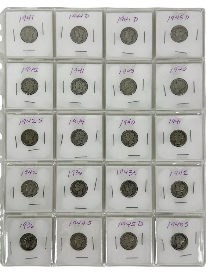 (20) Silver Winged Liberty Head Mercury Dimes Collection From 1936-1945 - See Photos For Details