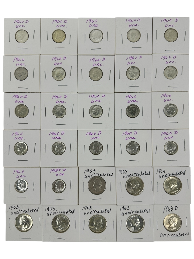 (22) Uncirculated Silver Roosevelt Dimes From 1960 and 1963, (7) Uncirculated 1963 Silver Washington Quarters And (1) Uncirculated 1963 D Silver Washington Quarter - See Photos For Details
