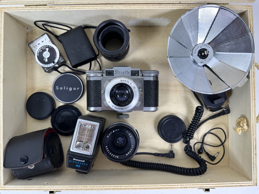 Vintage Photography Set With German Braun Paxette II 35mm Camera, Soligor Lens, Honeywell Strobonar 100 Electronic Flash Unit, And Vintage Alpex Light Meter [Photo 2]
