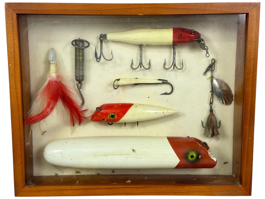 Antique/Vintage Wooden Fishing Lures And Tackle Displayed In Wooden Shadow Box 15'W x 12'H x 3'D