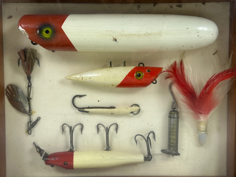 Antique/Vintage Wooden Fishing Lures And Tackle Displayed In Wooden Shadow Box 15'W x 12'H x 3'D [Photo 10]