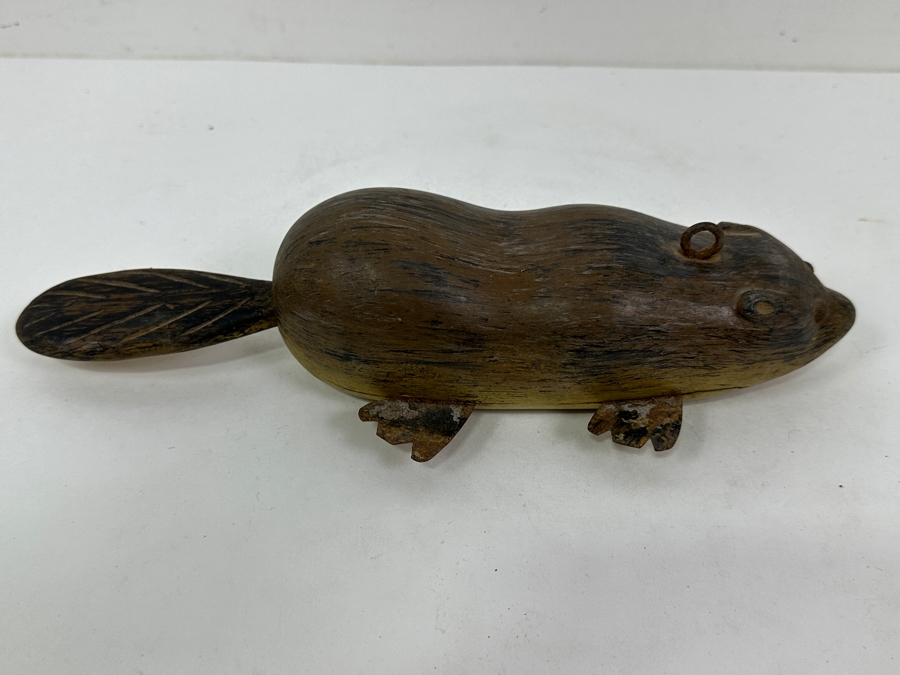 Vintage Hand-Painted and Carved Folk Art Beaver Fishing Decoy 11'L [Photo 3]