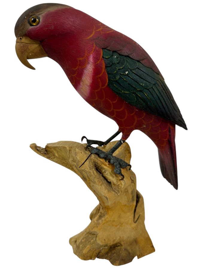 Hand-Carved Wooden Parrot Sculpture With Metal Talons 10'H