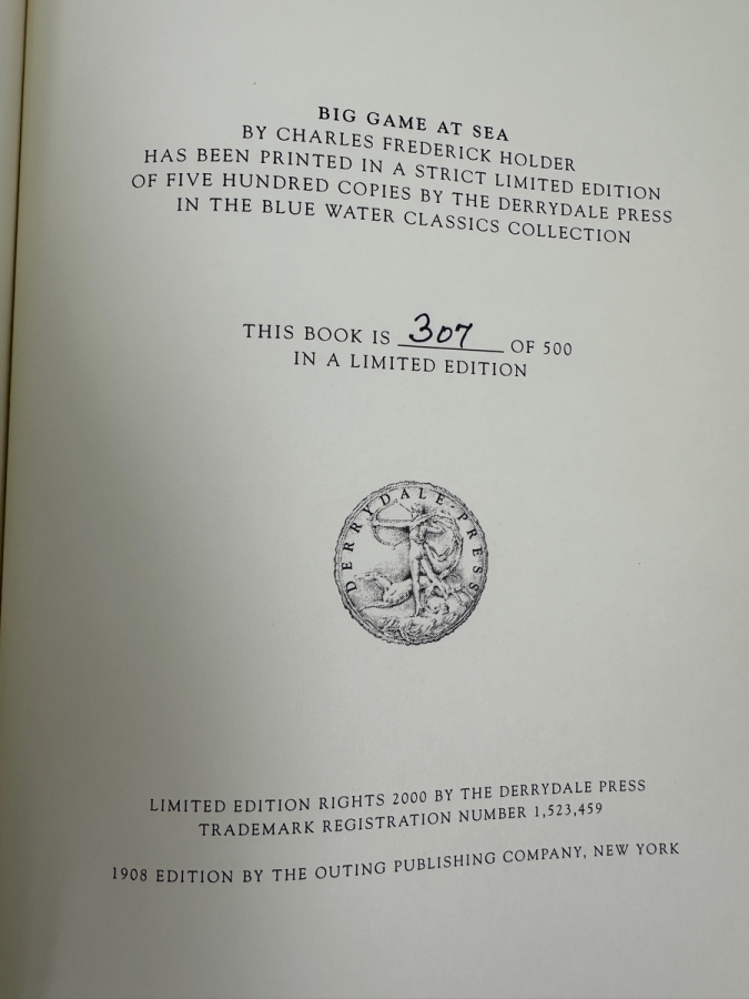 Limited Edition Hardcover Book Big Game At Sea By Charles Frederick Holder Numbered 307 Of 500 First Derrydale Edition 2000 [Photo 3]