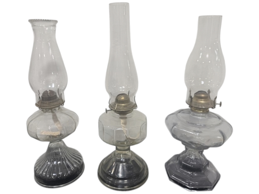 (3) Vintage Clear Glass Oil Lamps 18' - 19'H