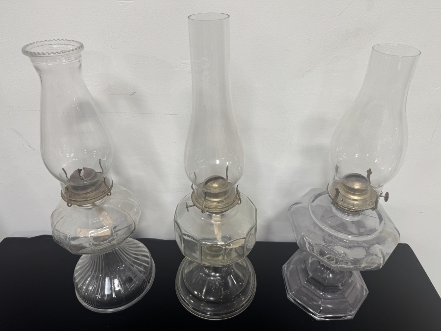 (3) Vintage Clear Glass Oil Lamps 18' - 19'H [Photo 2]
