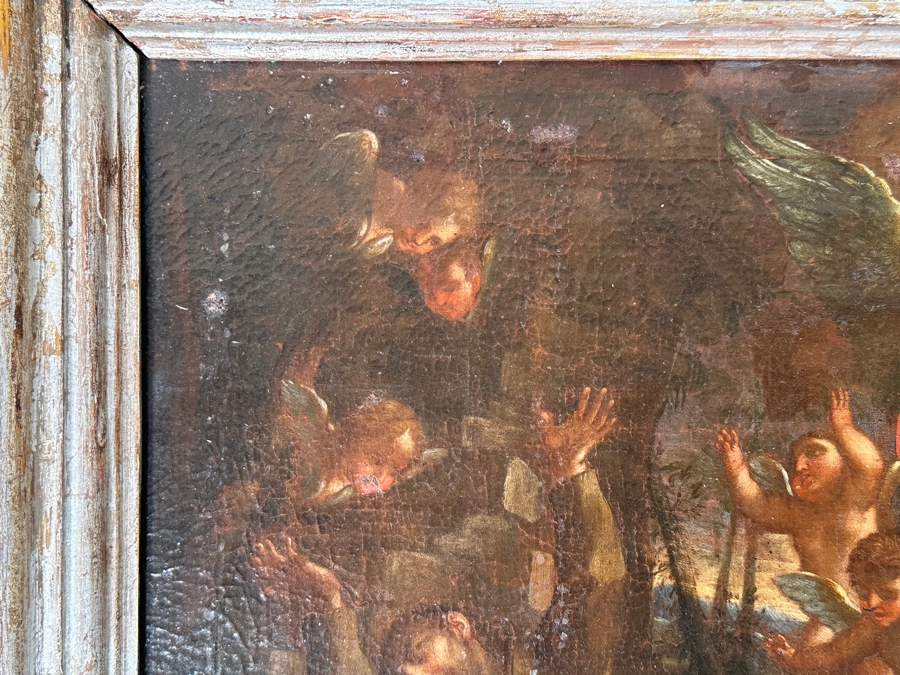 Just Added - Antique Original Oil Painting On Canvas Of A Monk Surrounded By Angels From A Rancho Santa Fe Estate Tied To Rome, Italy 19 X 14 Framed 23 X 18 [Photo 4]