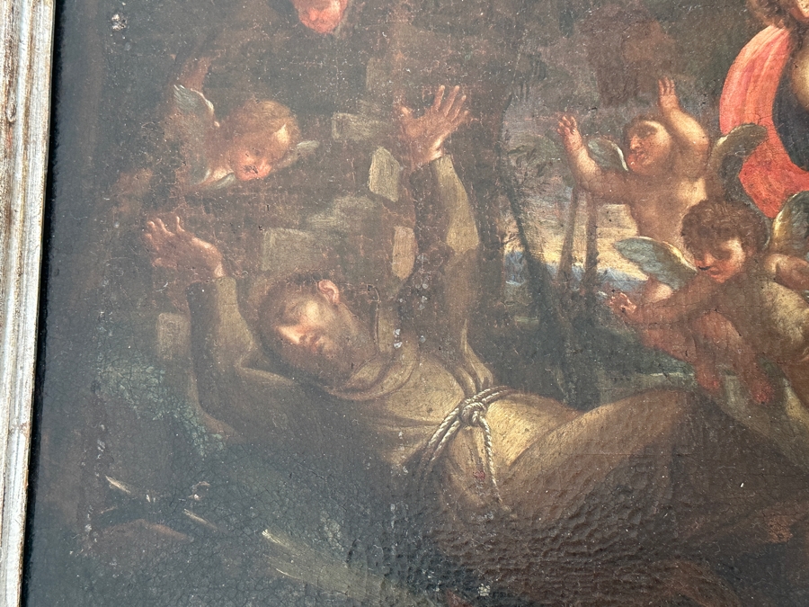 Just Added - Antique Original Oil Painting On Canvas Of A Monk Surrounded By Angels From A Rancho Santa Fe Estate Tied To Rome, Italy 19 X 14 Framed 23 X 18 [Photo 5]