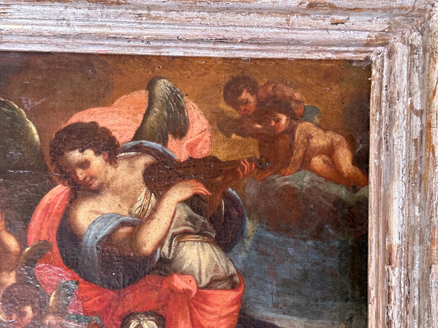 Just Added - Antique Original Oil Painting On Canvas Of A Monk Surrounded By Angels From A Rancho Santa Fe Estate Tied To Rome, Italy 19 X 14 Framed 23 X 18 [Photo 3]