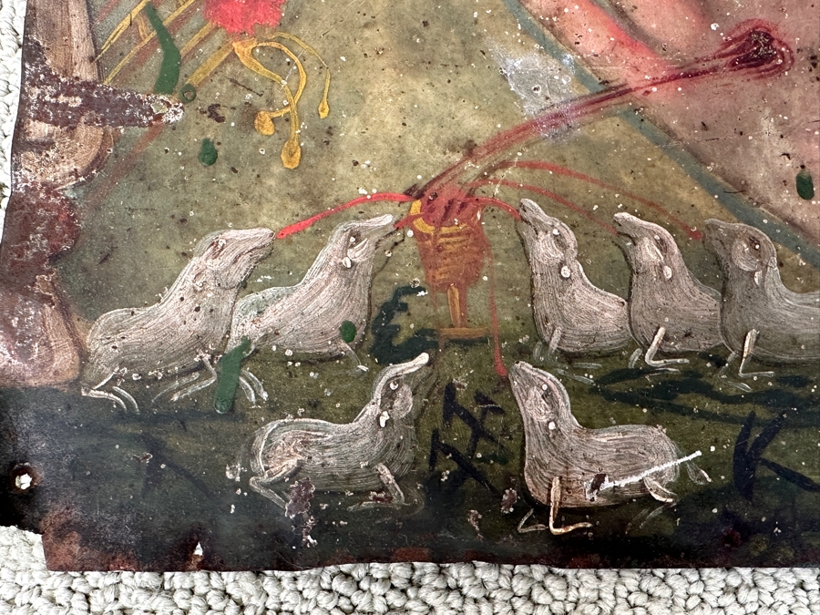 Just Added - Rare Original Antique Religious Retablo Oil On Tin Painting From Mexico Jesus's Communion 'Mano Poderosa' The Mighty Hand Of God 10 X 14 [Photo 5]