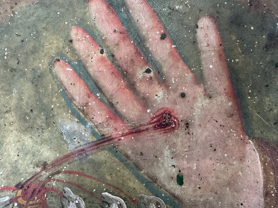 Just Added - Rare Original Antique Religious Retablo Oil On Tin Painting From Mexico Jesus's Communion 'Mano Poderosa' The Mighty Hand Of God 10 X 14 [Photo 6]