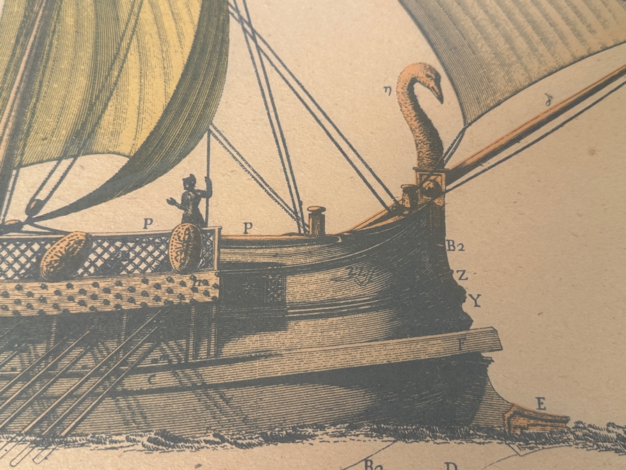 Just Added - Vintage Print Titled 'Exterior View And Flanks Of A Ship With Three Rows Of Oars' Depicting A Roman Trireme Under Sail 35 X 25 [Photo 4]