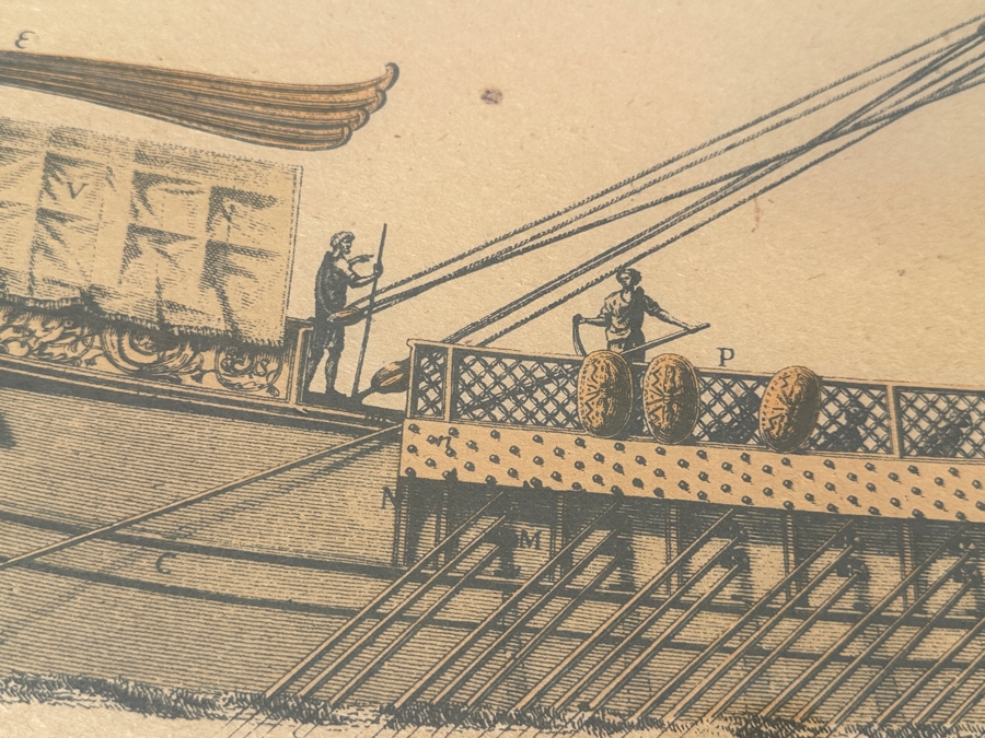 Just Added - Vintage Print Titled 'Exterior View And Flanks Of A Ship With Three Rows Of Oars' Depicting A Roman Trireme Under Sail 35 X 25 [Photo 3]