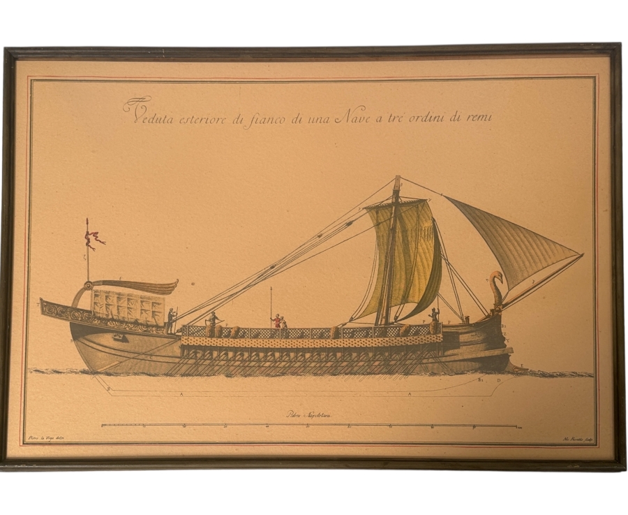 Just Added - Vintage Print Titled 'Exterior View And Flanks Of A Ship With Three Rows Of Oars' Depicting A Roman Trireme Under Sail 35 X 25
