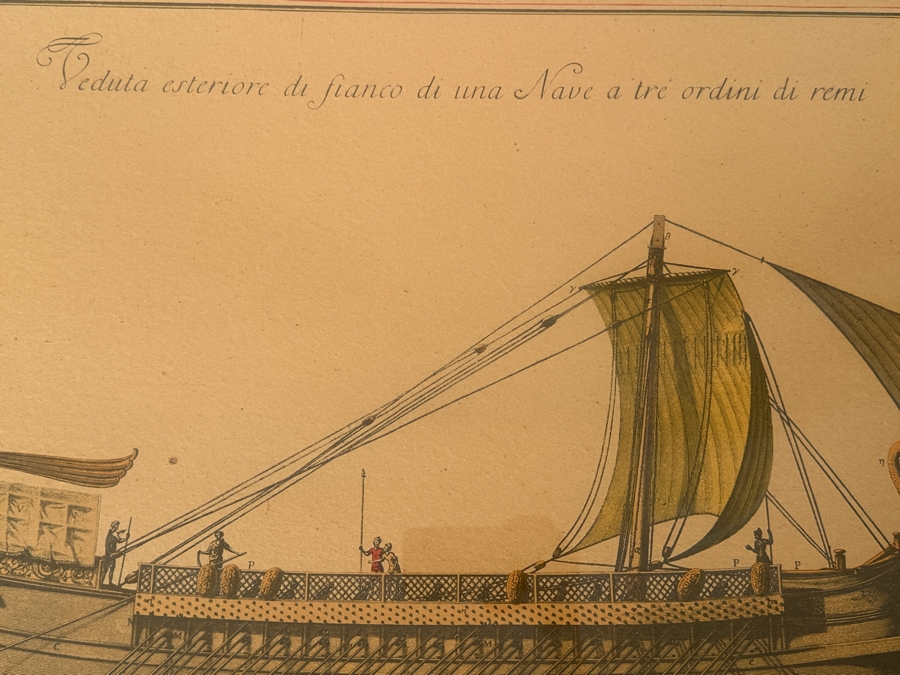 Just Added - Vintage Print Titled 'Exterior View And Flanks Of A Ship With Three Rows Of Oars' Depicting A Roman Trireme Under Sail 35 X 25 [Photo 5]
